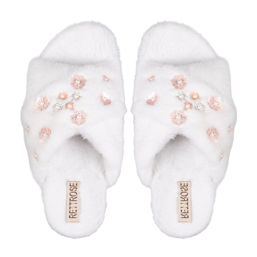 Kinsley Cream Luxury Faux Fur Comfortable Diamanté Embellished Women’s Handmade Slippers