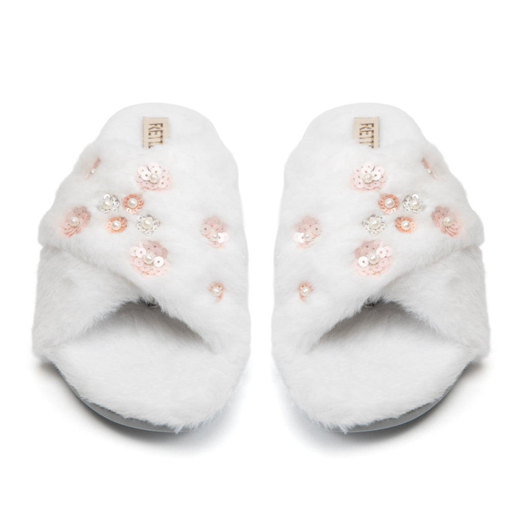 Kinsley Cream Luxury Faux Fur Comfortable Diamanté Embellished Women’s Handmade Slippers