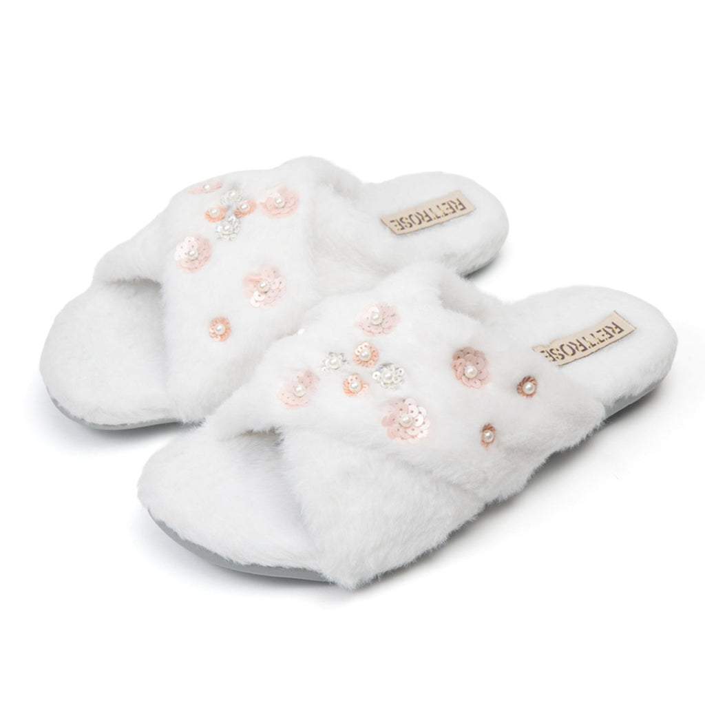 Kinsley Cream Luxury Faux Fur Comfortable Diamanté Embellished Women’s Handmade Slippers