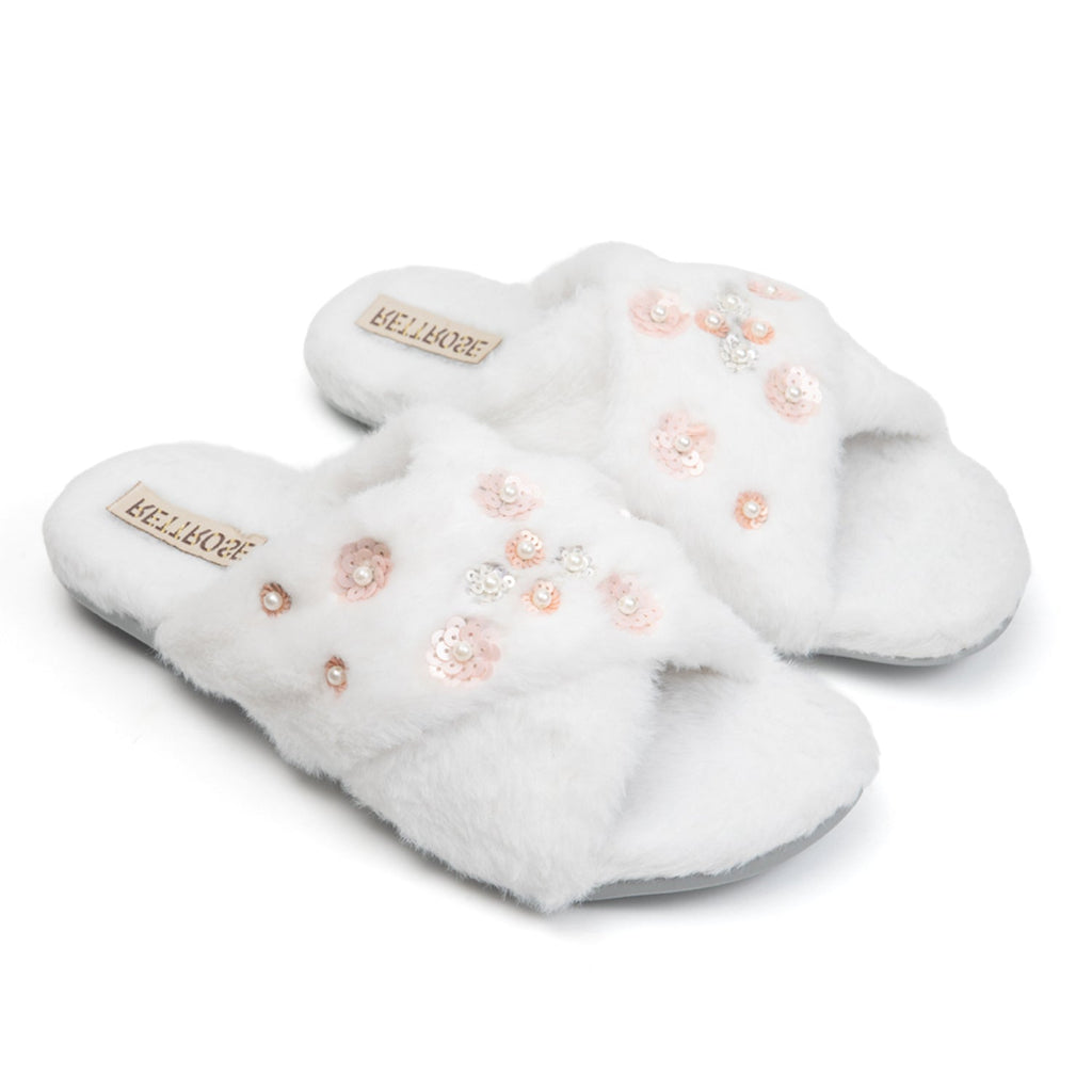 Kinsley Cream Luxury Faux Fur Comfortable Diamanté Embellished Women’s Handmade Slippers