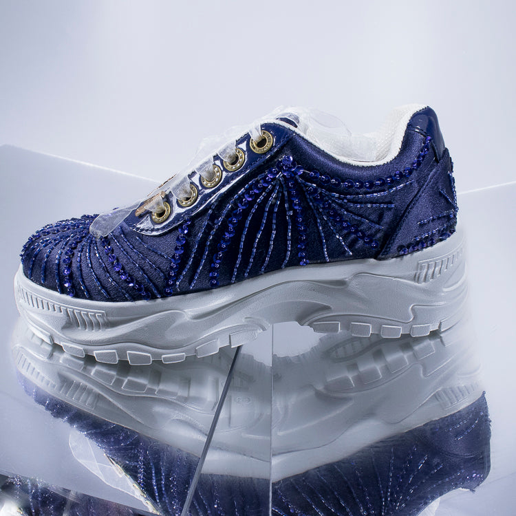 Sofia Luxury Navy Satin Handmade Embellished Trainers