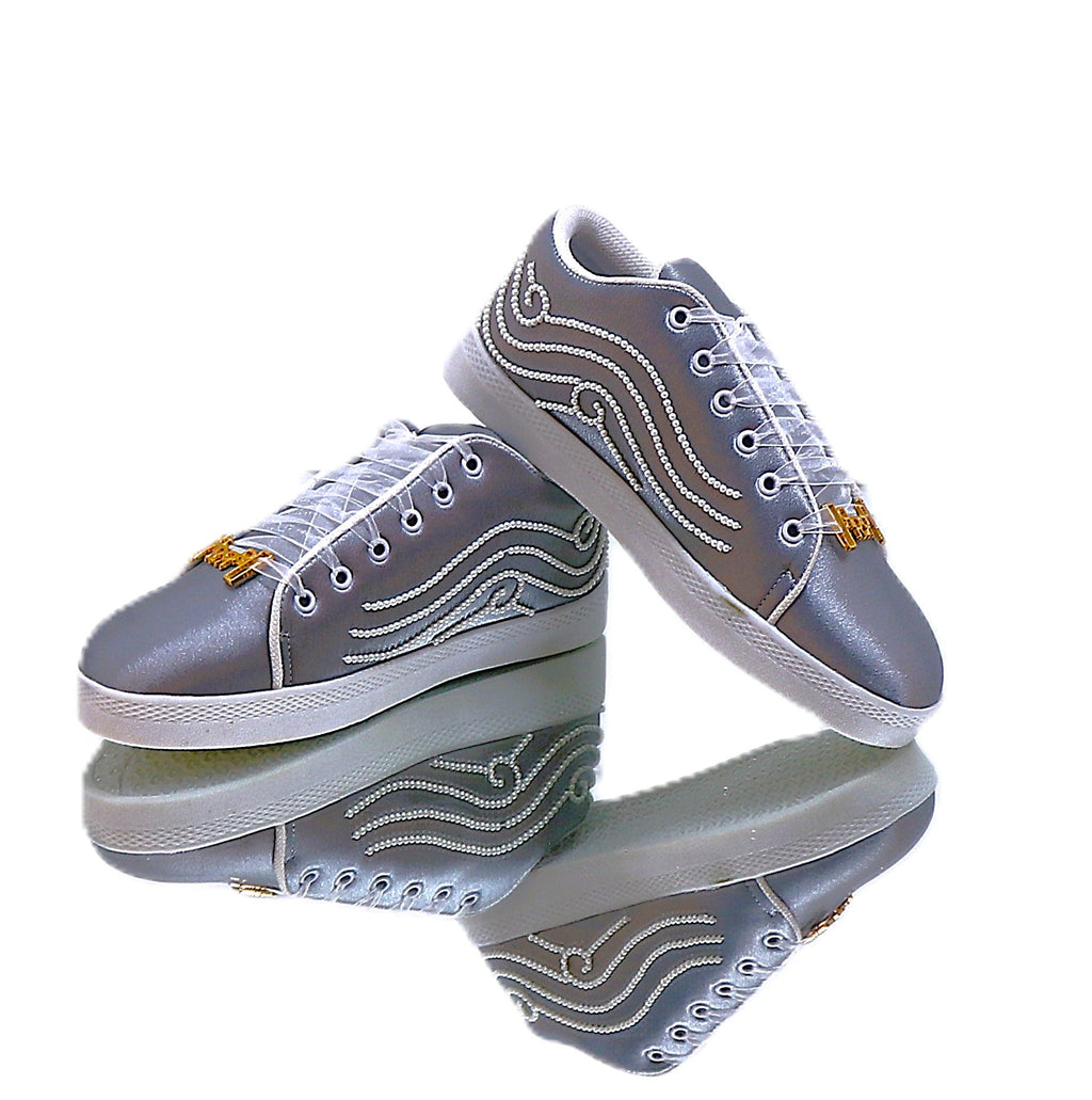 Clara Luxury Silver Satin Handmade Embellished Tennis Shoe