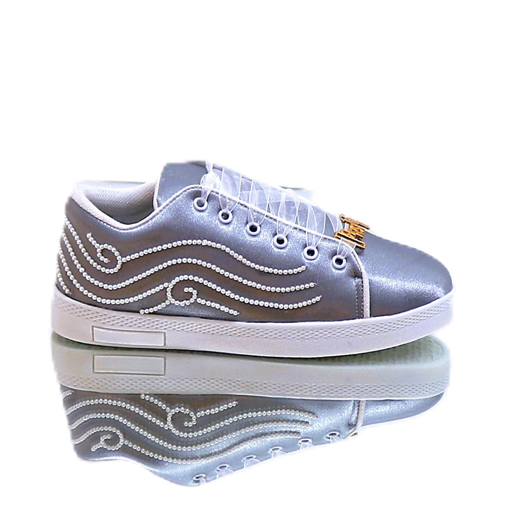 Clara Luxury Silver Satin Handmade Embellished Tennis Shoe