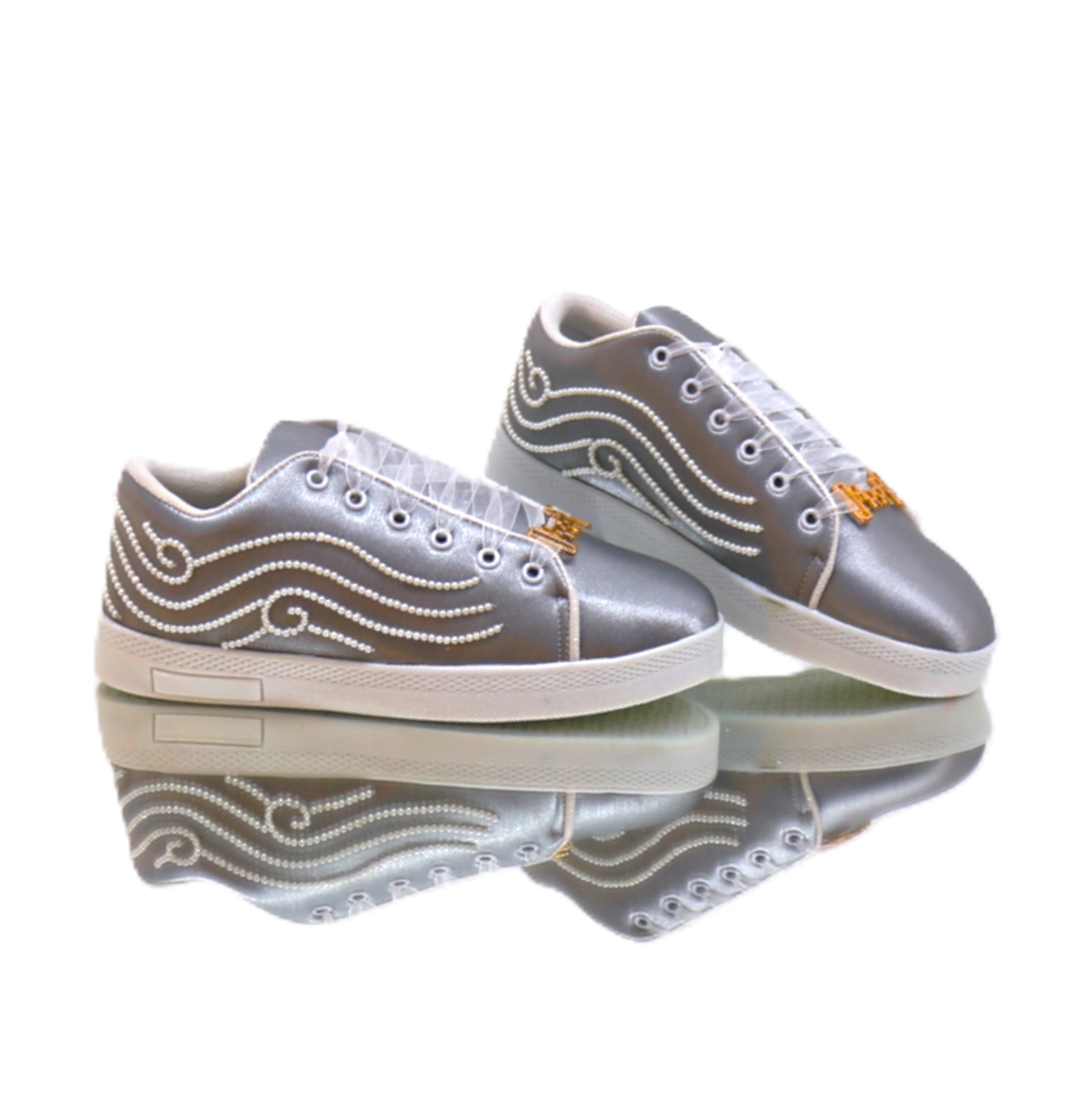 Clara Luxury Silver Satin Handmade Embellished Tennis Shoe