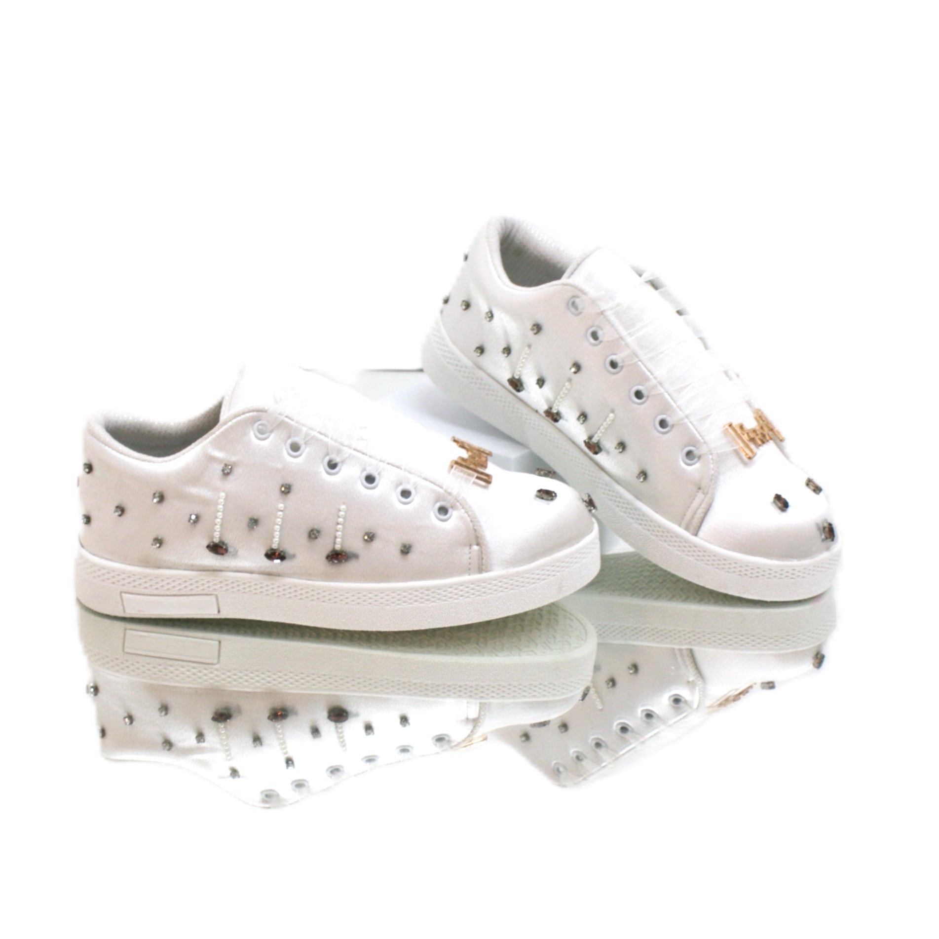 Amara Luxury White Satin Handmade Embellished Tennis Shoe