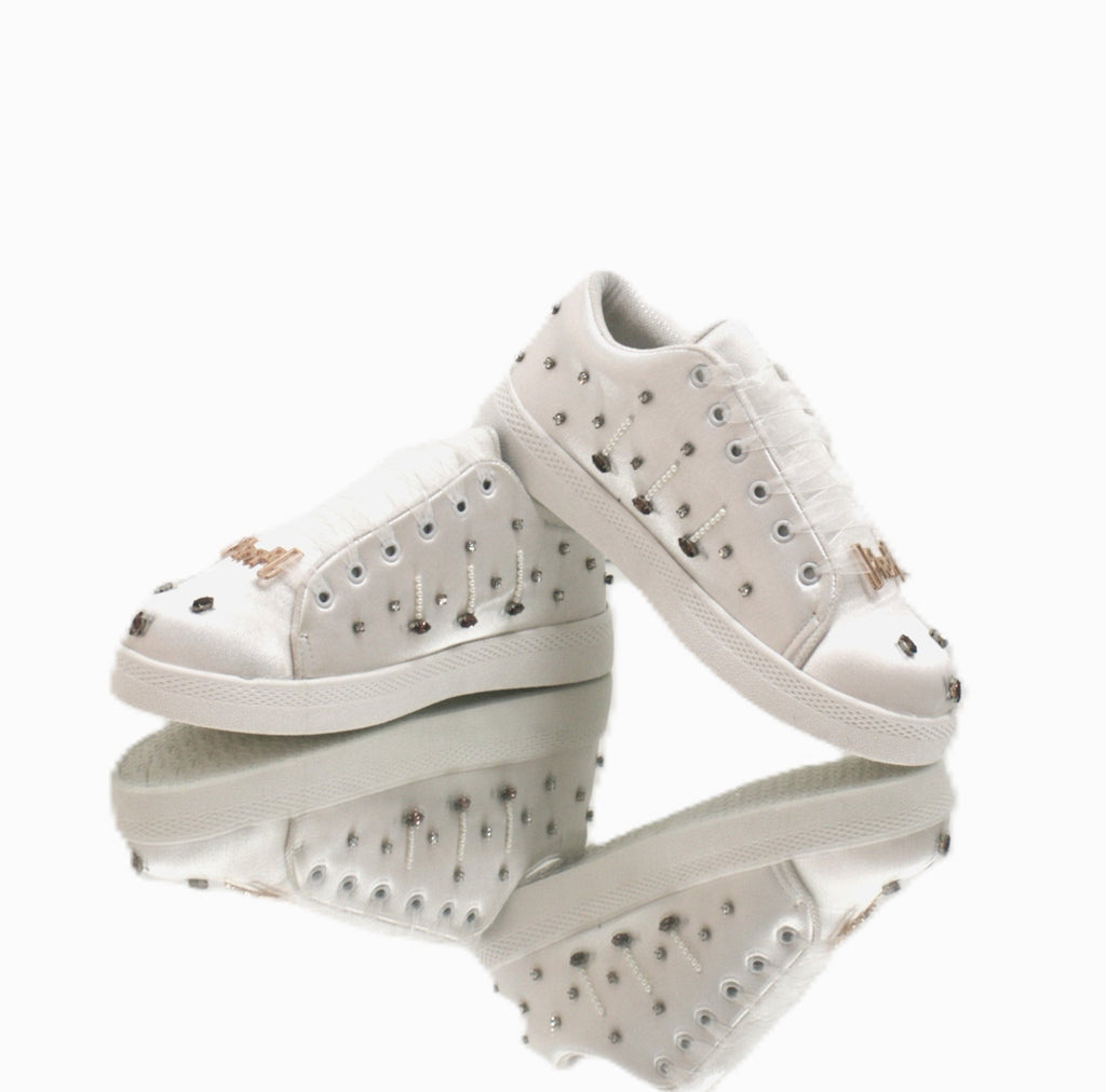 Amara Luxury White Satin Handmade Embellished Tennis Shoe