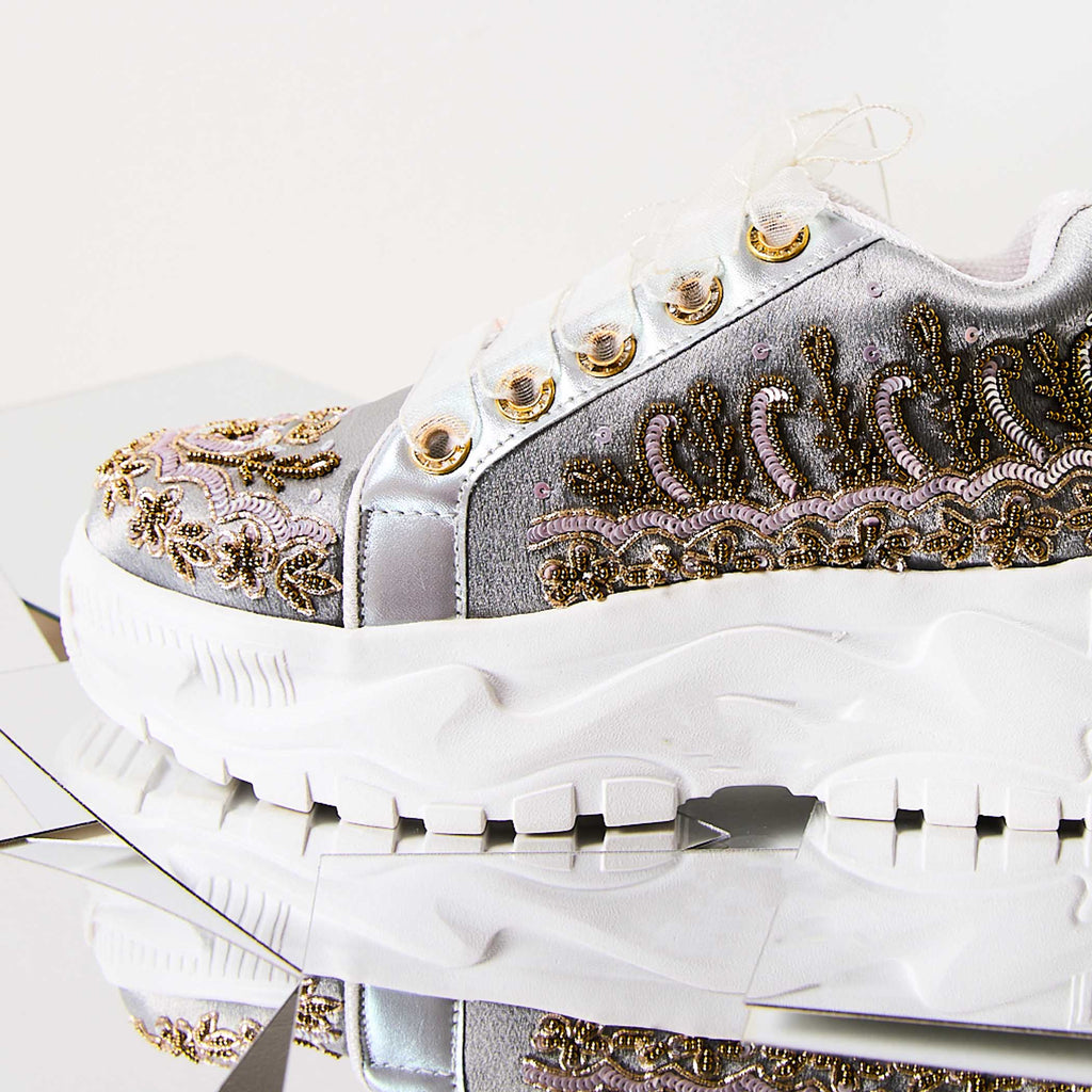The Petra Luxury Silver Satin Hand Embellished Sneaker | RETTROSE |