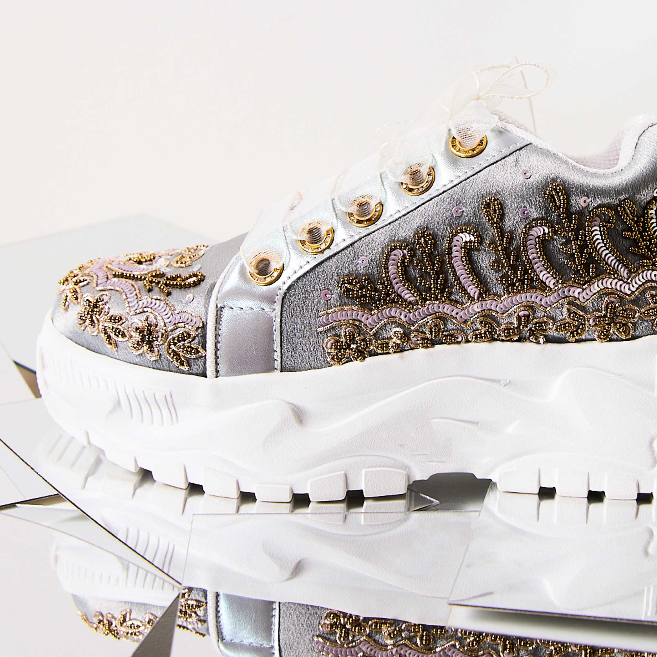 The Petra Luxury Silver Satin Hand Embellished Sneaker | RETTROSE |