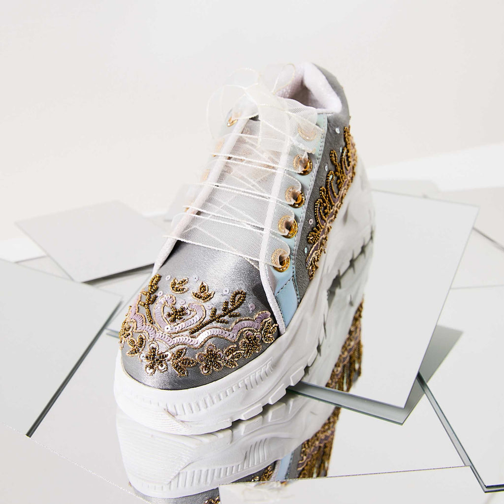 The Petra Luxury Silver Satin Hand Embellished Sneaker | RETTROSE |