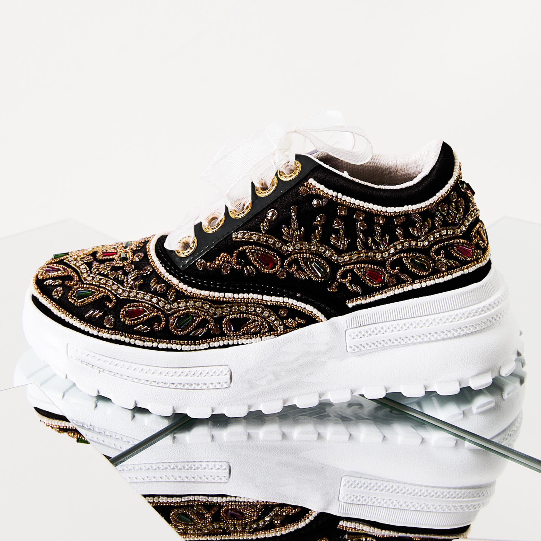The Isabella Luxury Black Satin Hand Embellished Sneaker | RETTROSE |