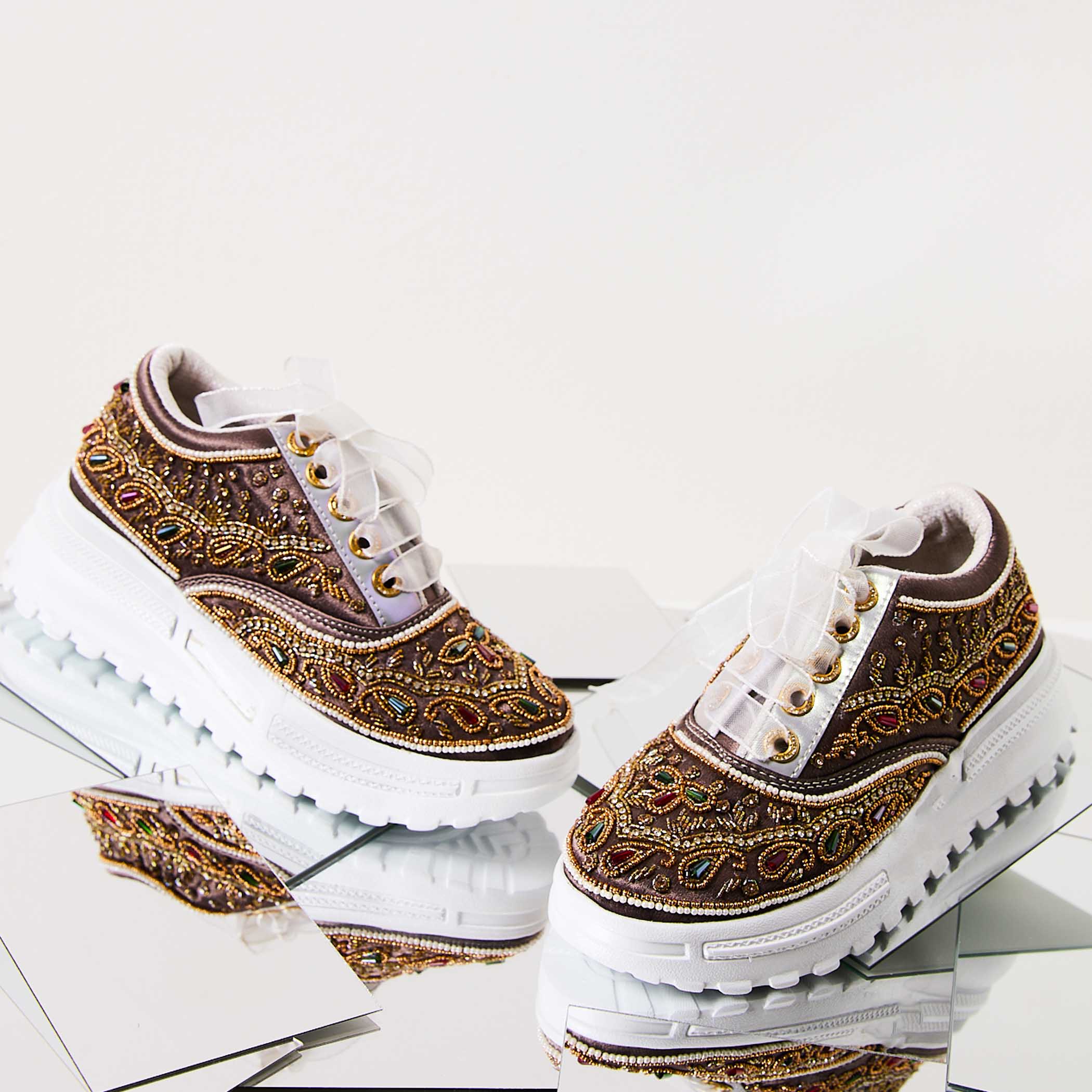 The Isabella Luxury Mauve Satin Hand Embellished Sneaker | RETTROSE |