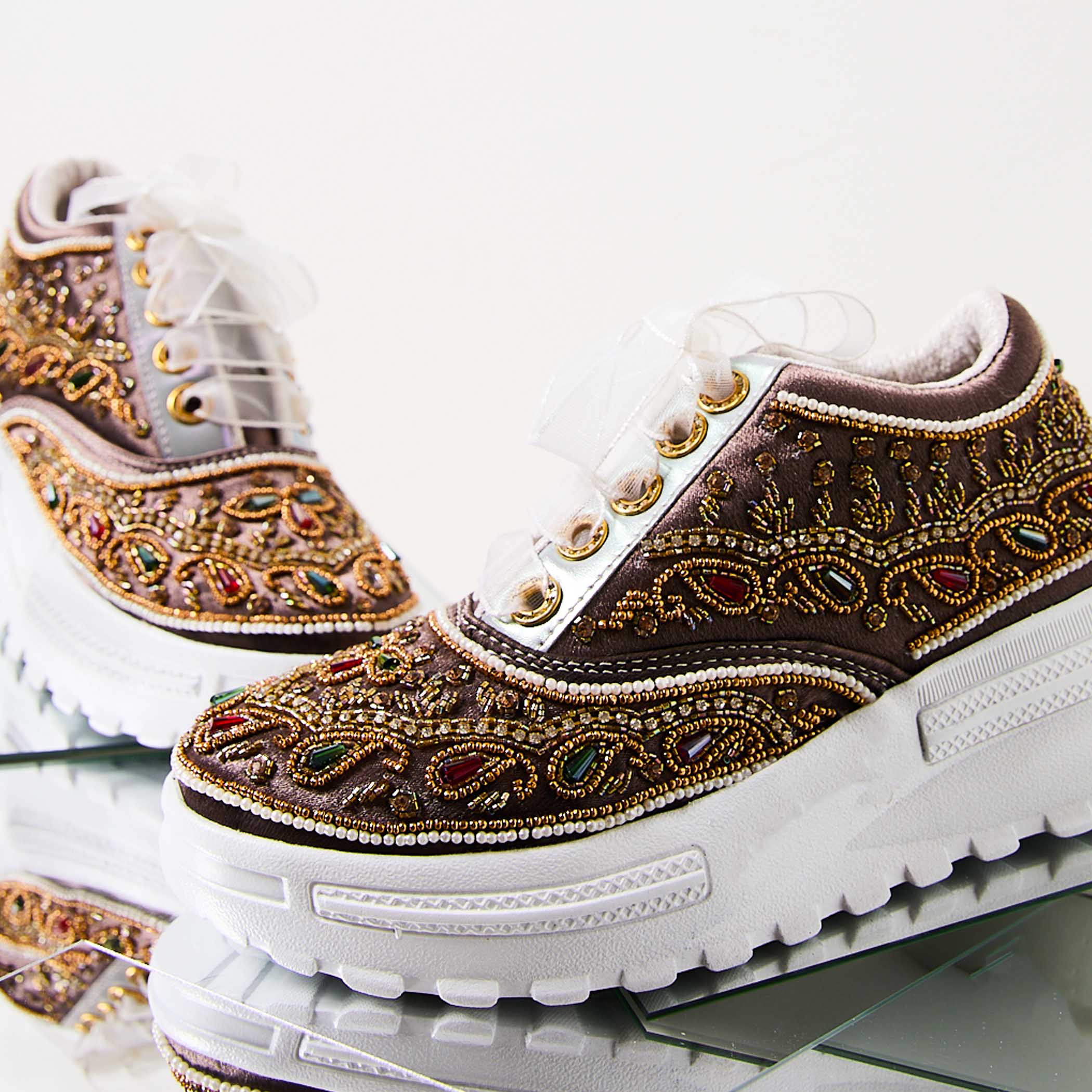 The Isabella Luxury Mauve Satin Hand Embellished Sneaker | RETTROSE |