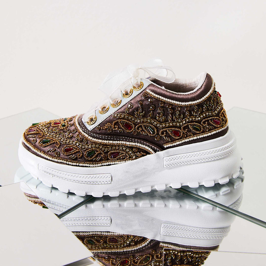 The Isabella Luxury Mauve Satin Hand Embellished Sneaker | RETTROSE |