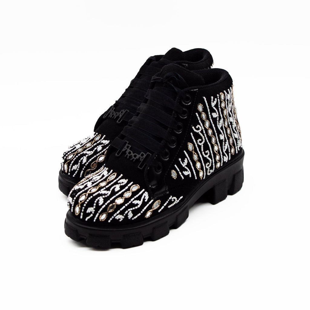 The Brooklyn Luxury Black Suede Handmade Embellished Boot | RETTROSE |