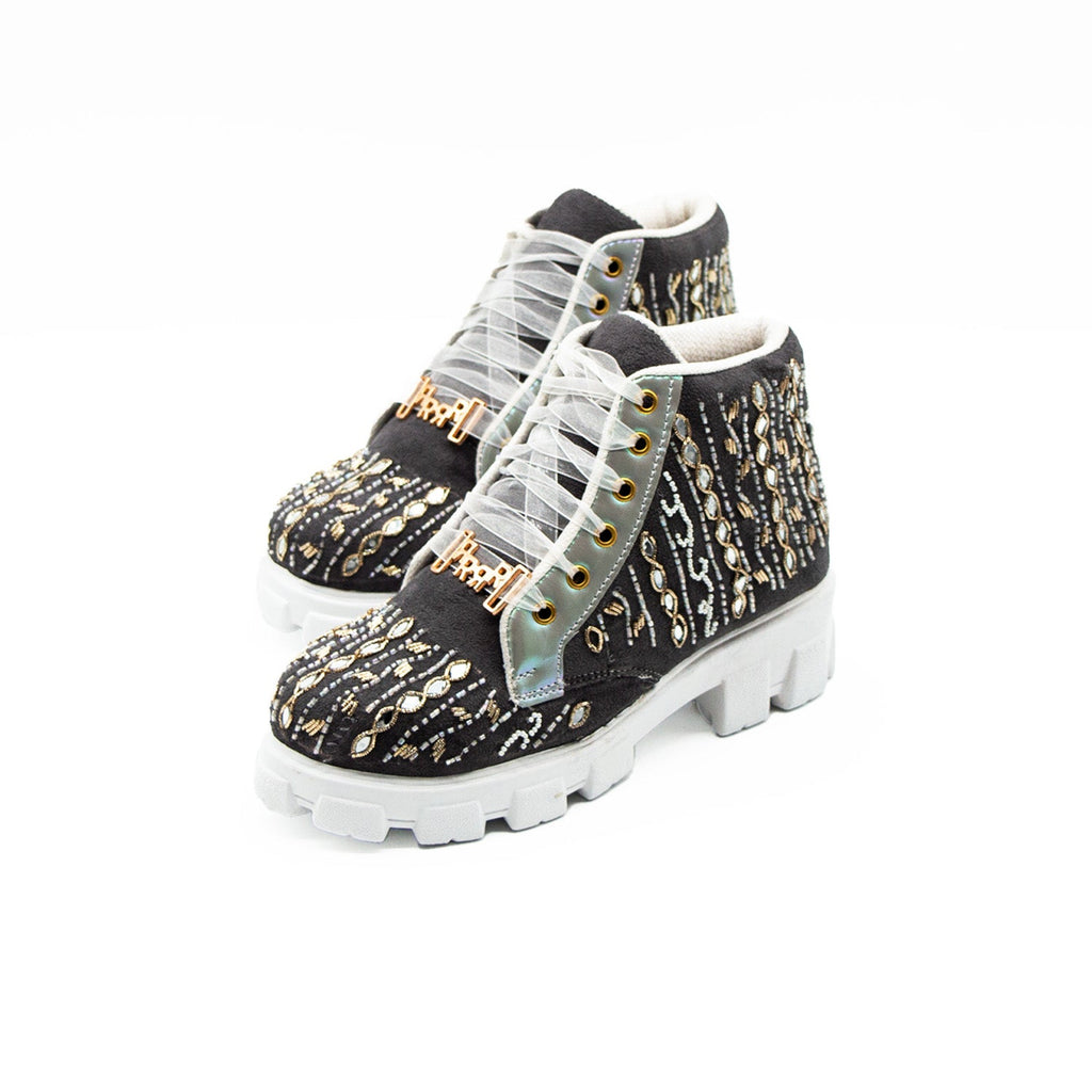 The Brooklyn Luxury Slate Suede Handmade Embellished Boot | RETTROSE |