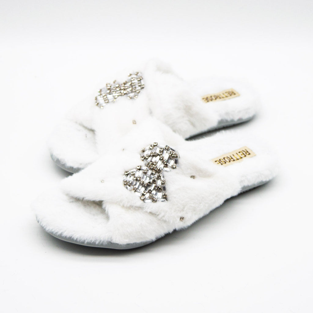 The Fefe Cream Luxury Plush Diamanté Embellished Handmade Slipper | RETTROSE |
