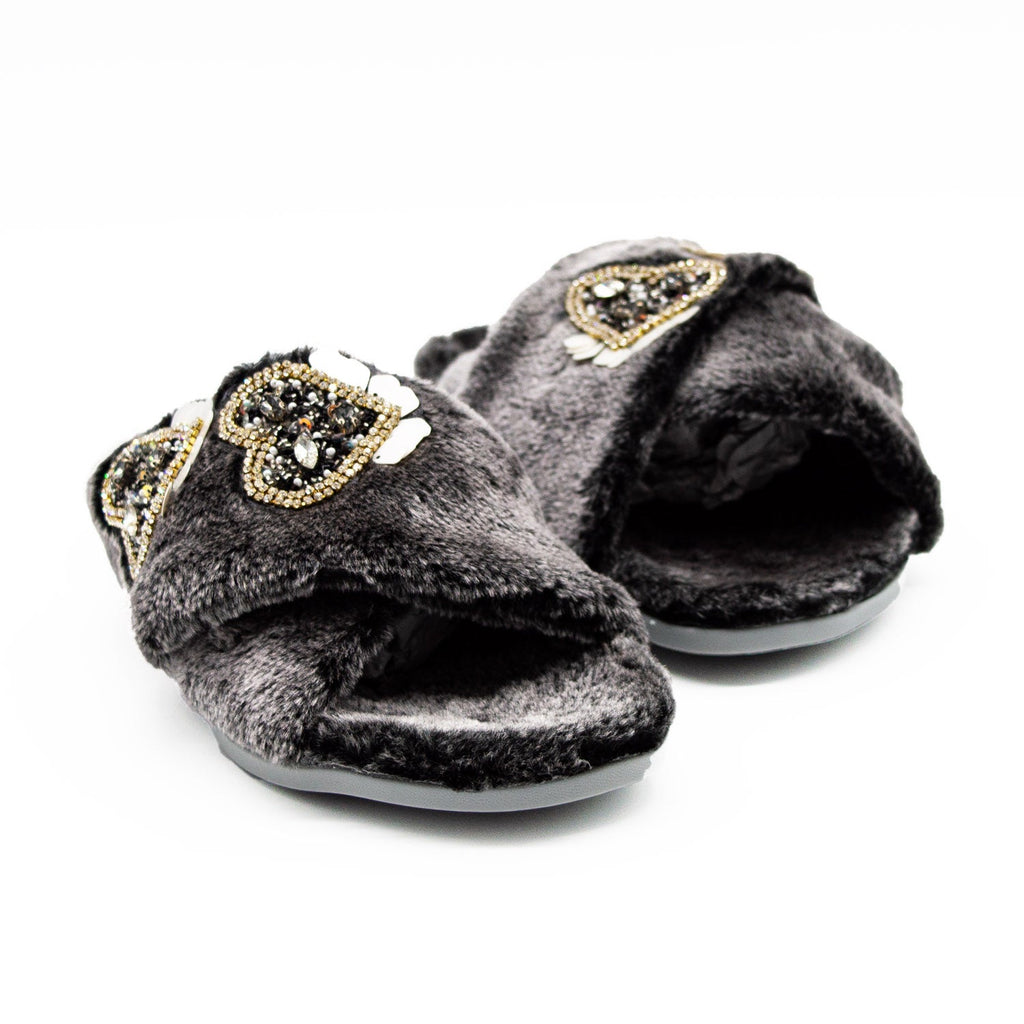 The Katie Charcoal Luxury Plush Diamanté Heart Embellished Handmade Slipper | RETTROSE |