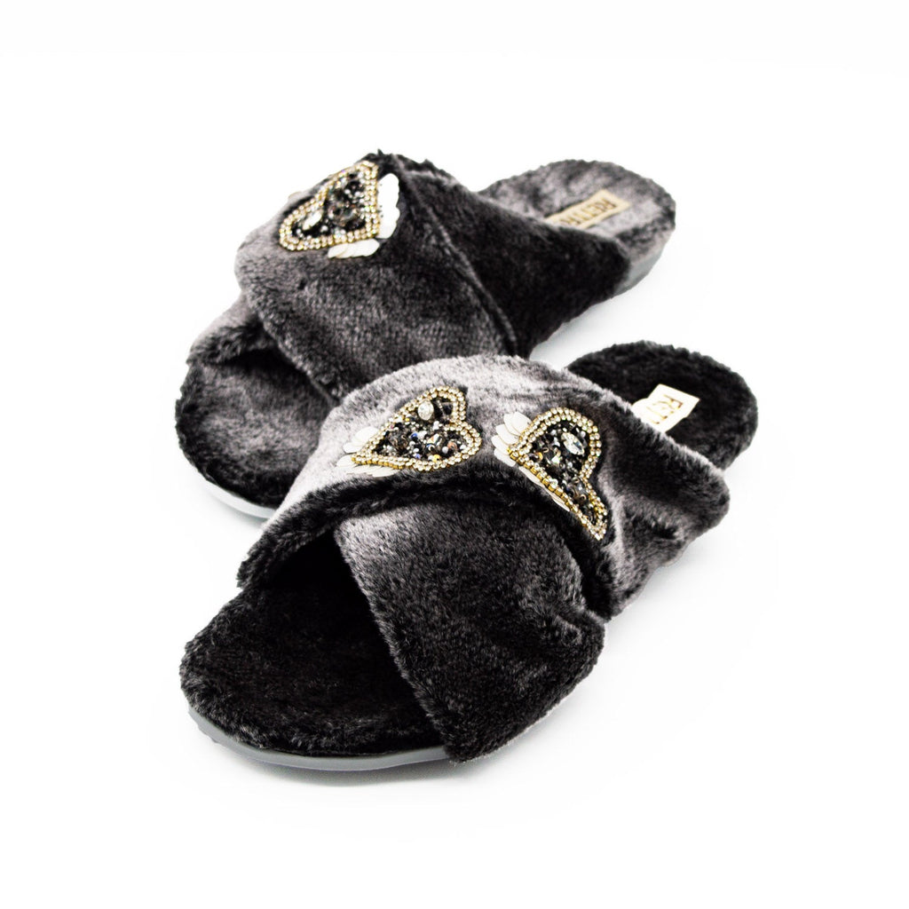 The Katie Charcoal Luxury Plush Diamanté Heart Embellished Handmade Slipper | RETTROSE |