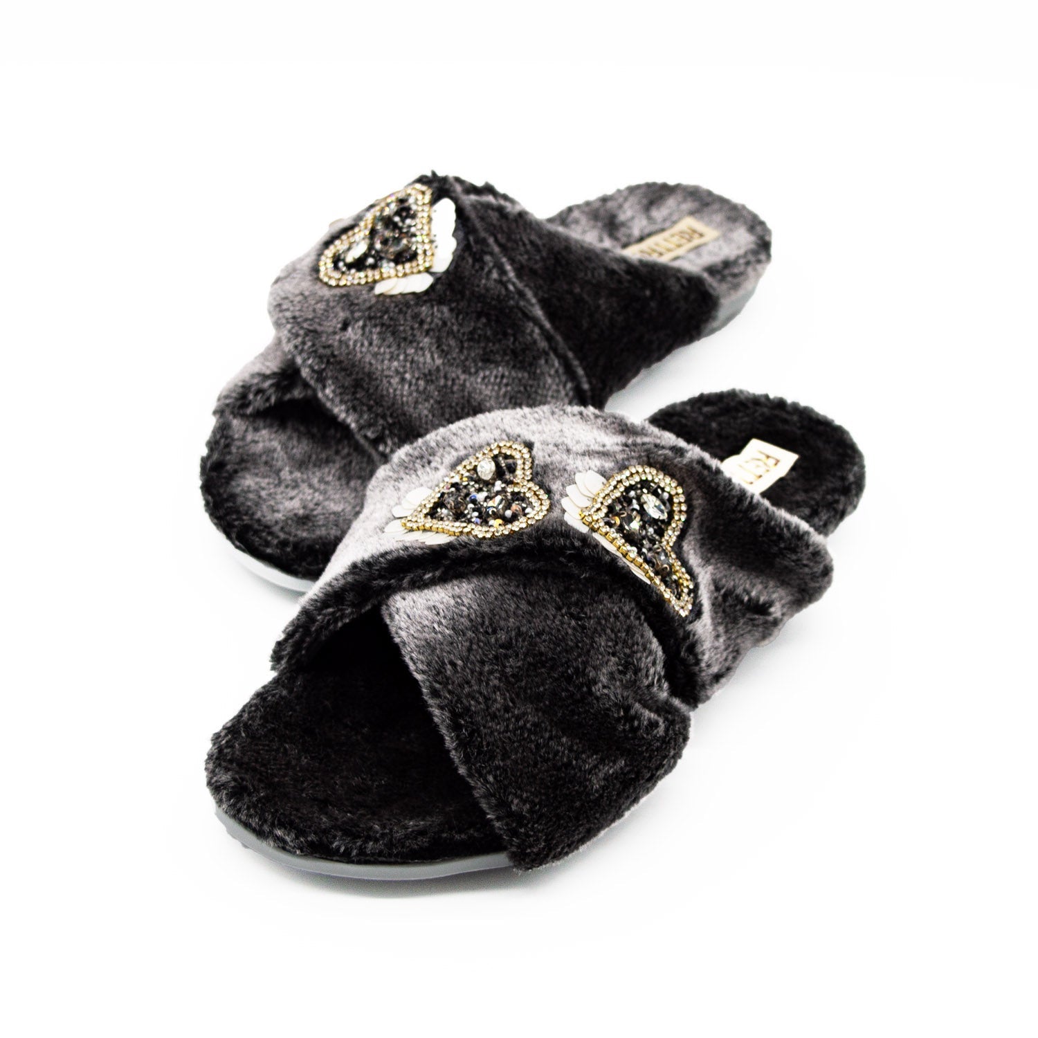 The Katie Charcoal Luxury Plush Diamanté Heart Embellished Handmade Slipper | RETTROSE |
