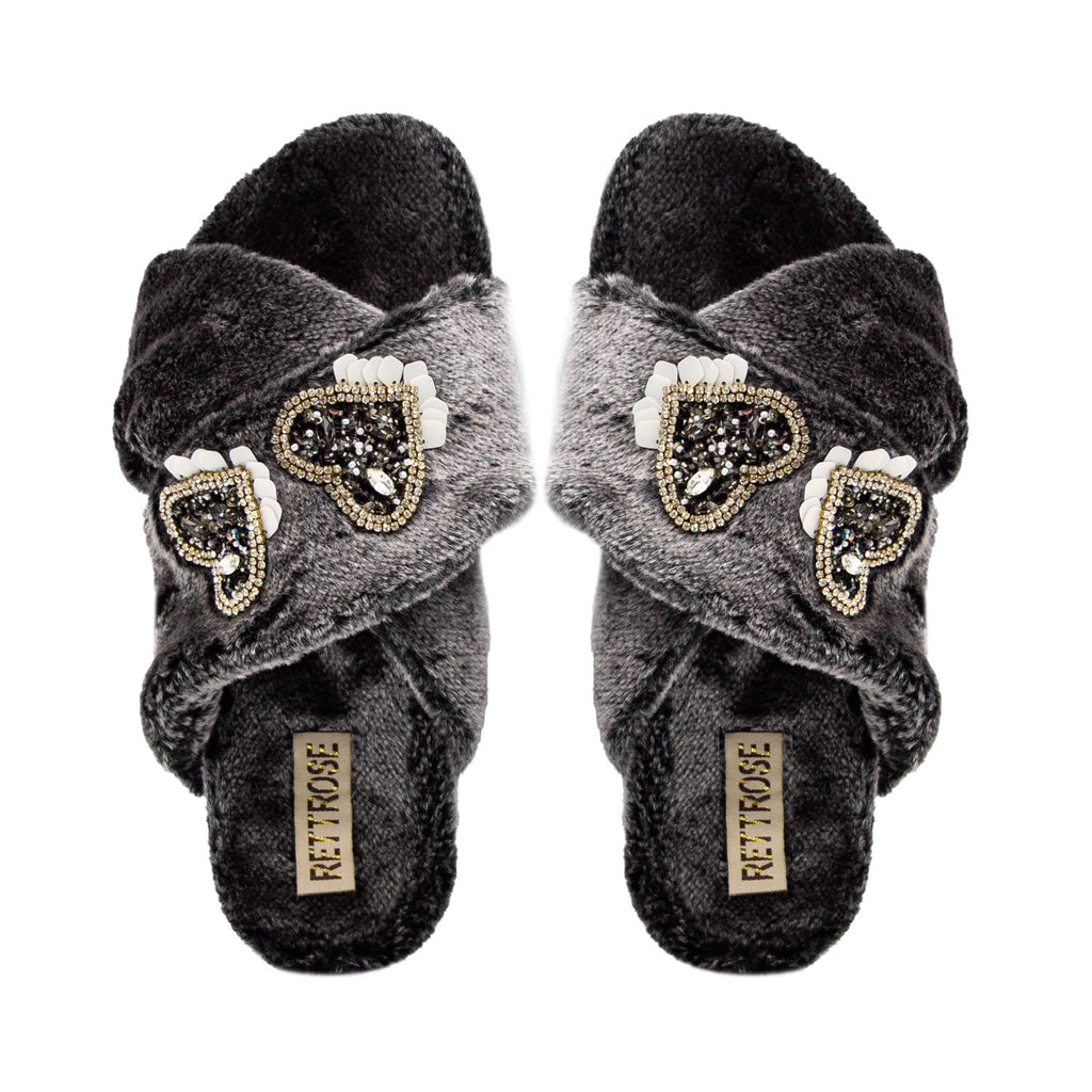The Katie Charcoal Luxury Plush Diamanté Heart Embellished Handmade Slipper | RETTROSE |