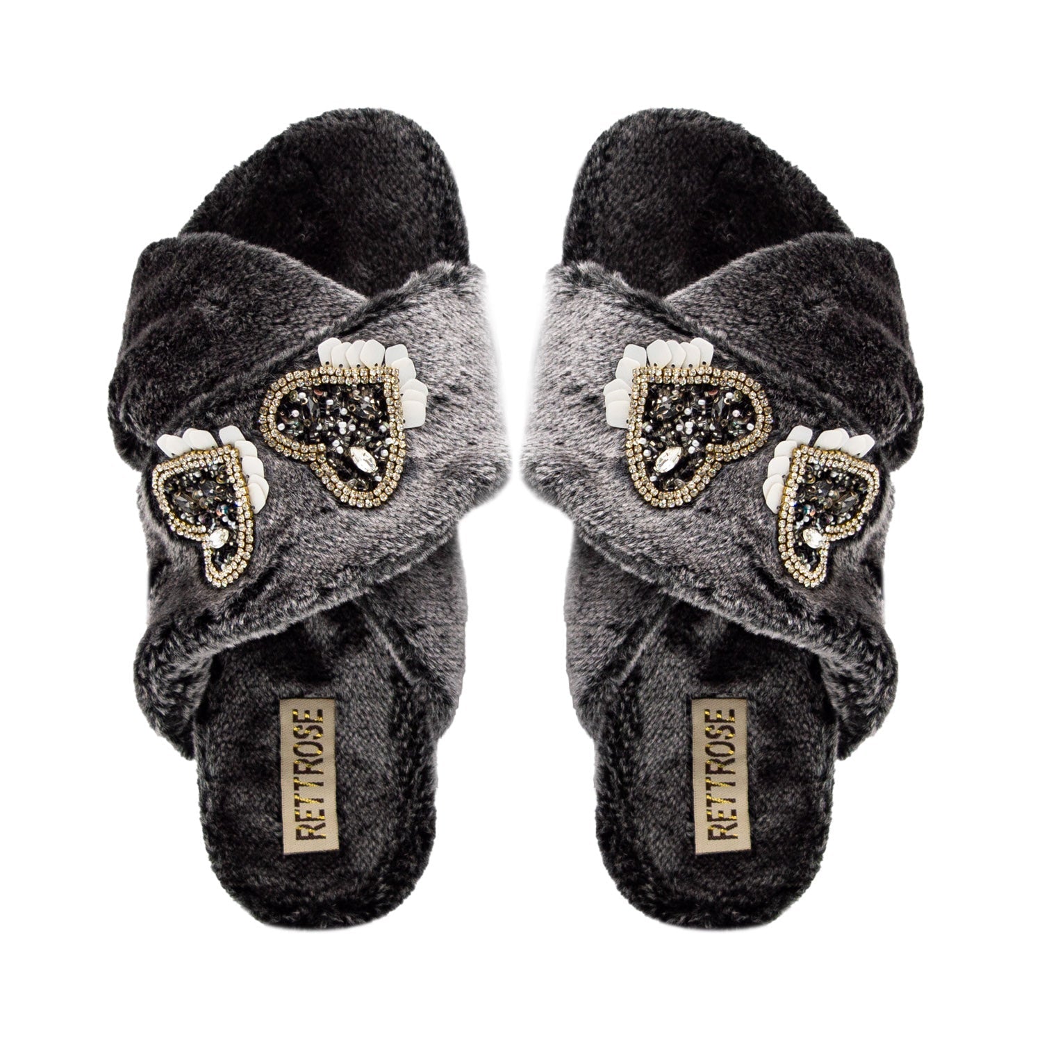 The Katie Charcoal Luxury Plush Diamanté Heart Embellished Handmade Slipper | RETTROSE |
