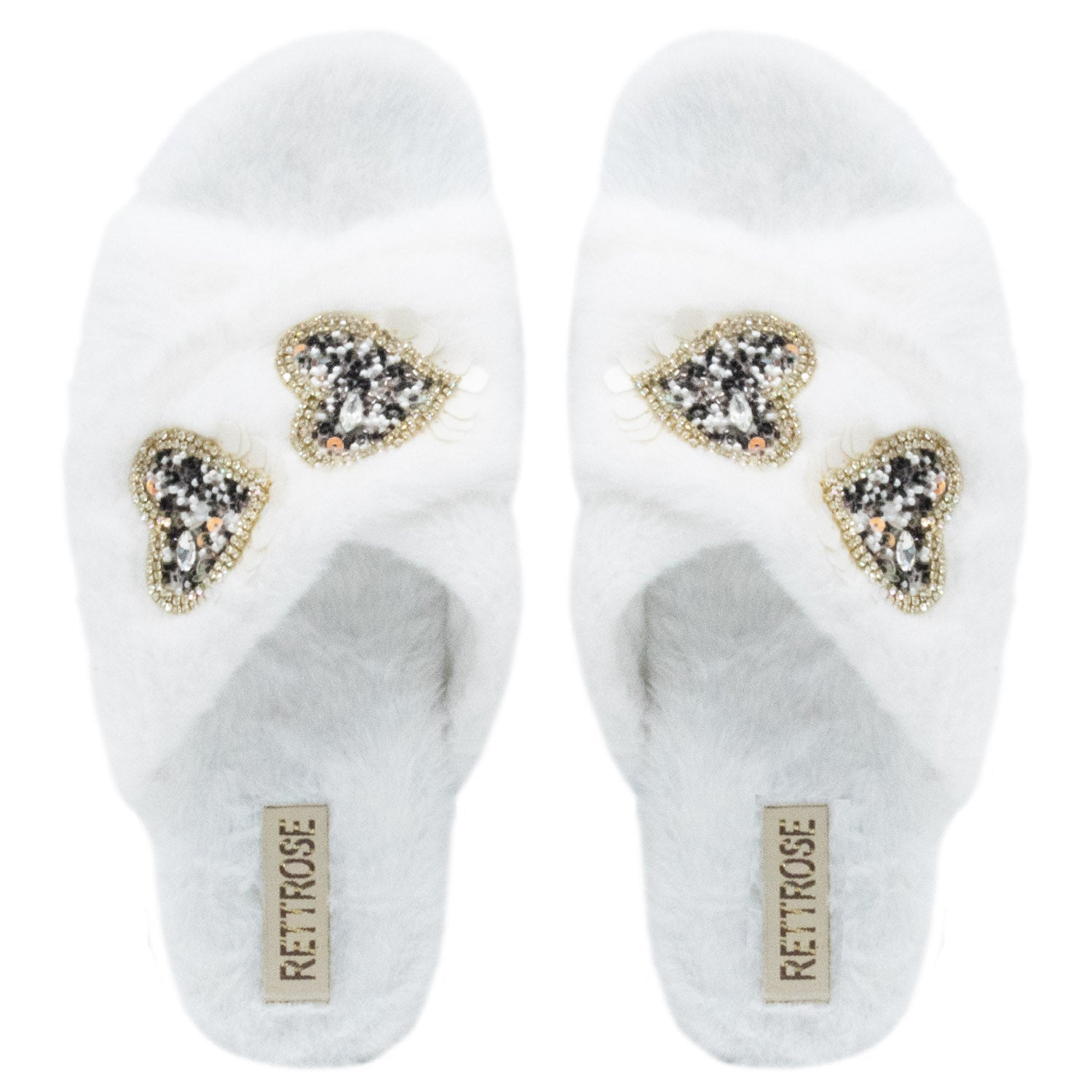 The Katie Cream Luxury Plush Diamanté Heart Embellished Handmade Slipper | RETTROSE |