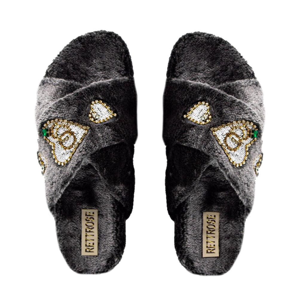 The Emmy Charcoal Luxury Plush Diamanté Embellished Handmade Slipper