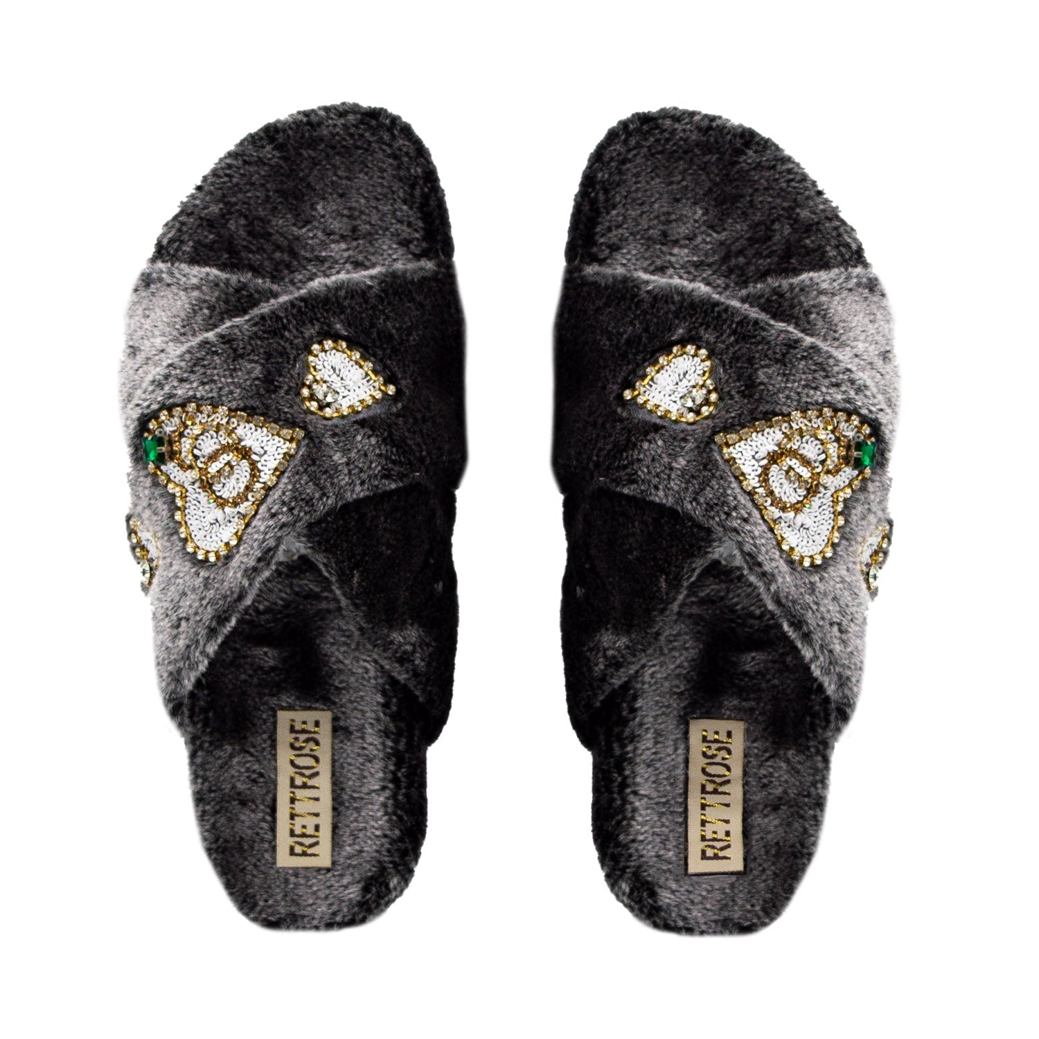 The Emmy Charcoal Luxury Plush Diamanté Embellished Handmade Slipper