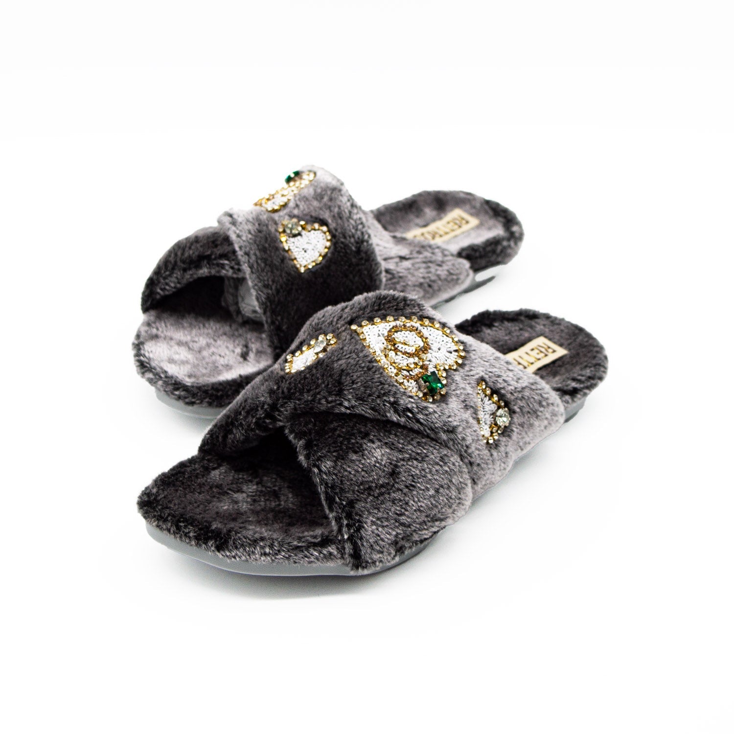 The Emmy Charcoal Luxury Plush Diamanté Embellished Handmade Slipper