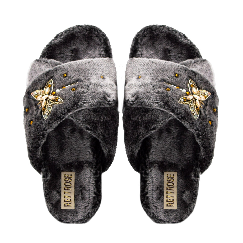 The Sofia Charcoal Luxury Plush Diamanté Embellished Handmade Slipper| RETTROSE |