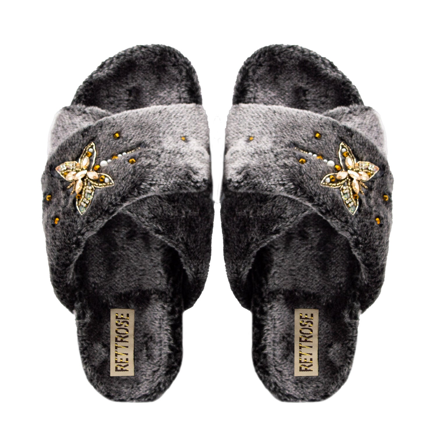 The Sofia Charcoal Luxury Plush Diamanté Embellished Handmade Slipper| RETTROSE |