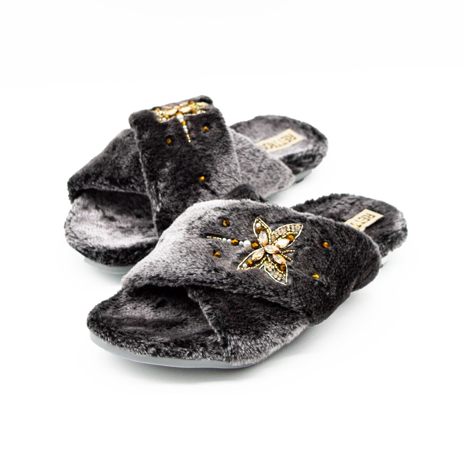 The Sofia Charcoal Luxury Plush Diamanté Embellished Handmade Slipper| RETTROSE |