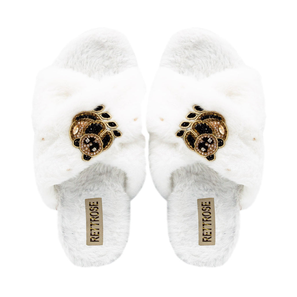 The Ember Cream Luxury Plush Diamanté Embellished Handmade Slipper | RETTROSE |
