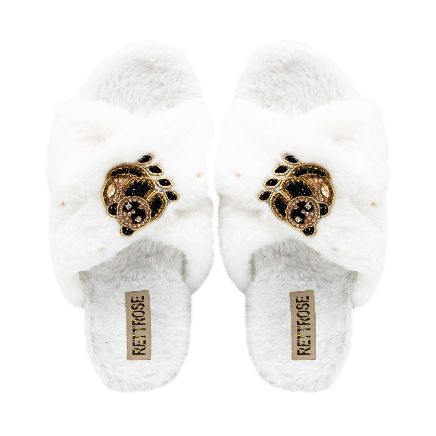 The Ember Cream Luxury Plush Diamanté Embellished Handmade Slipper | RETTROSE |