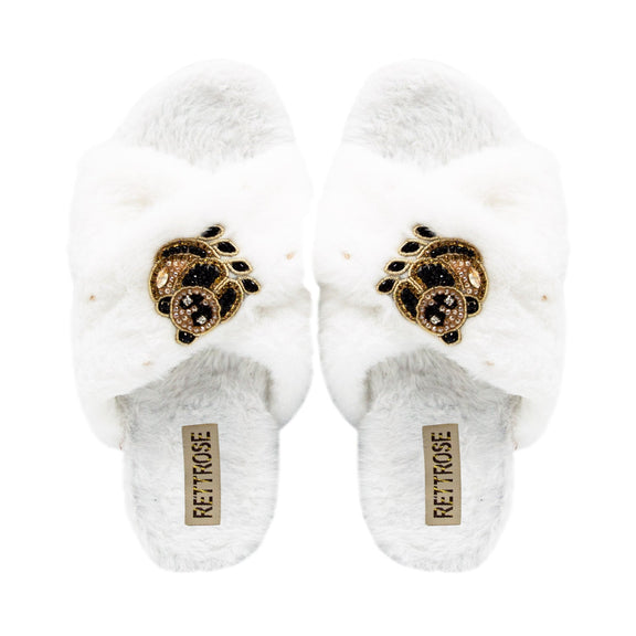 The Ember Cream Luxury Plush Diamanté Embellished Handmade Slipper | RETTROSE |