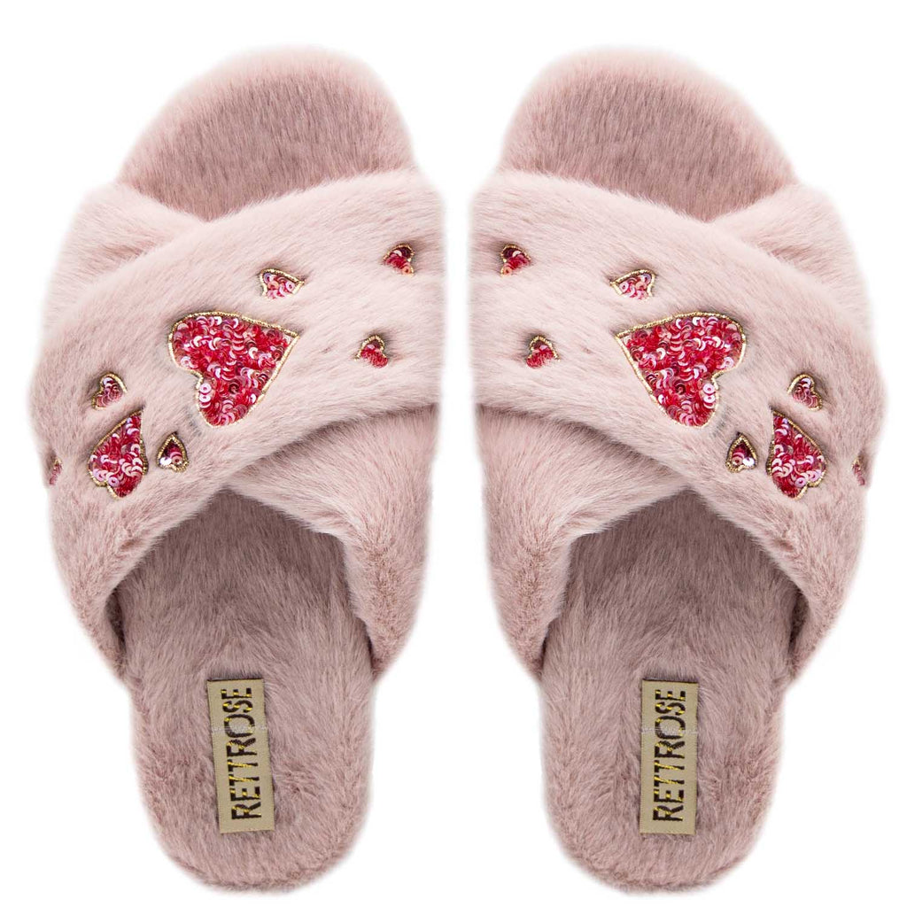 The Kaylee Dusky Pink Luxury Plush Diamanté Embellished Handmade Slipper | RETTROSE |