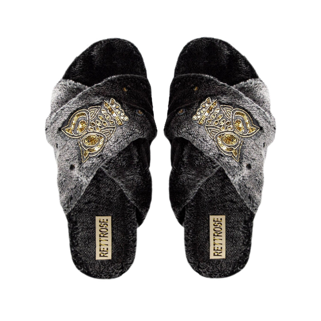 The Georgia Charcoal Luxury Plush Diamanté Embellished Handmade Slipper
