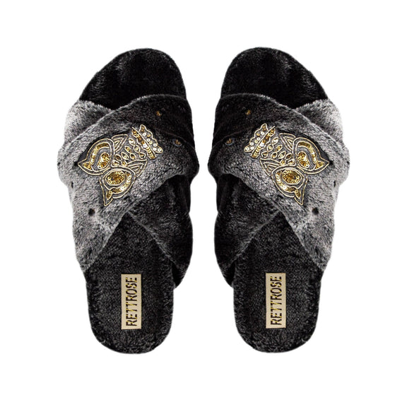The Georgia Charcoal Luxury Plush Diamanté Embellished Handmade Slipper