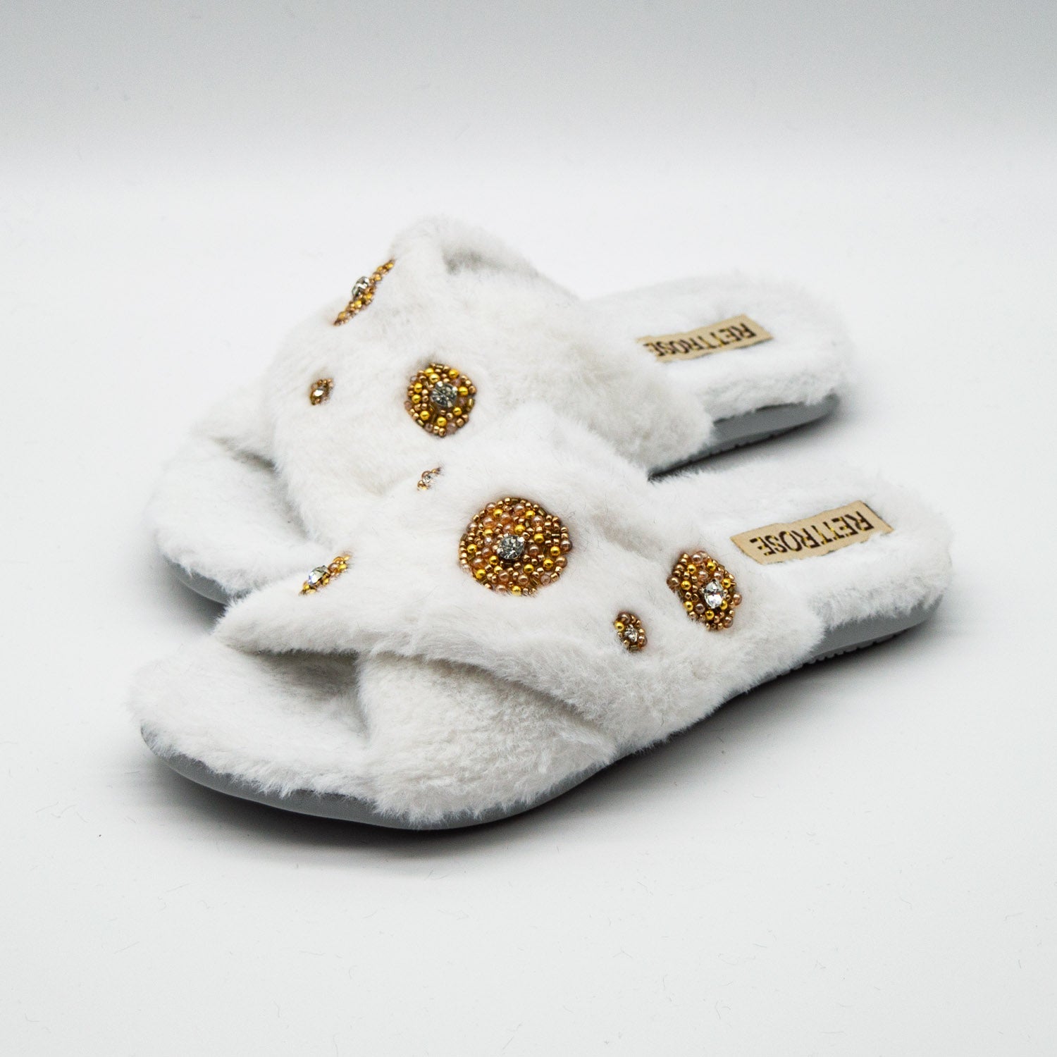 The Juliette Cream Luxury Plush Diamanté Embellished Handmade Slipper | RETTROSE |