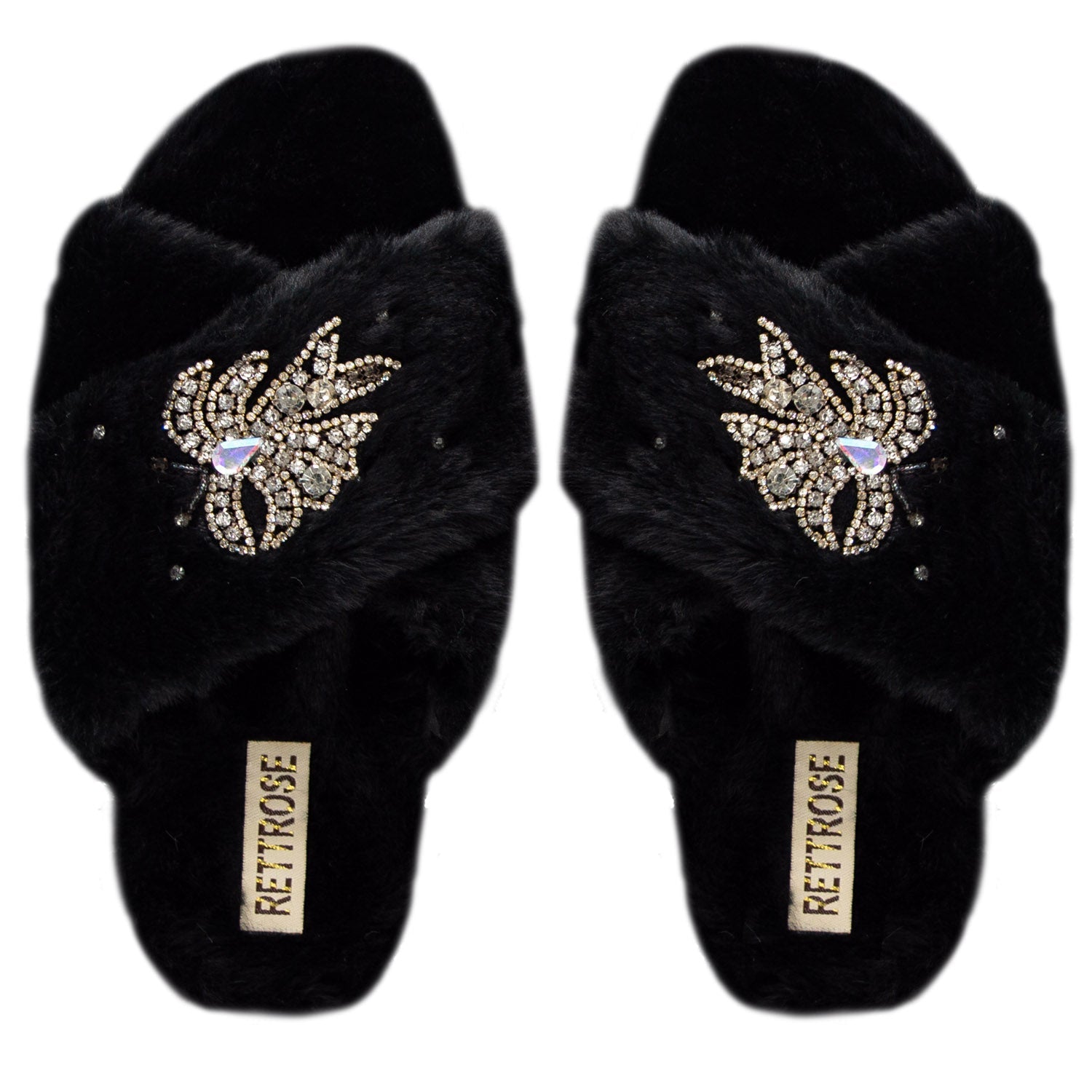 The Katherine Black Luxury Plush Diamanté Embellished Handmade Slipper