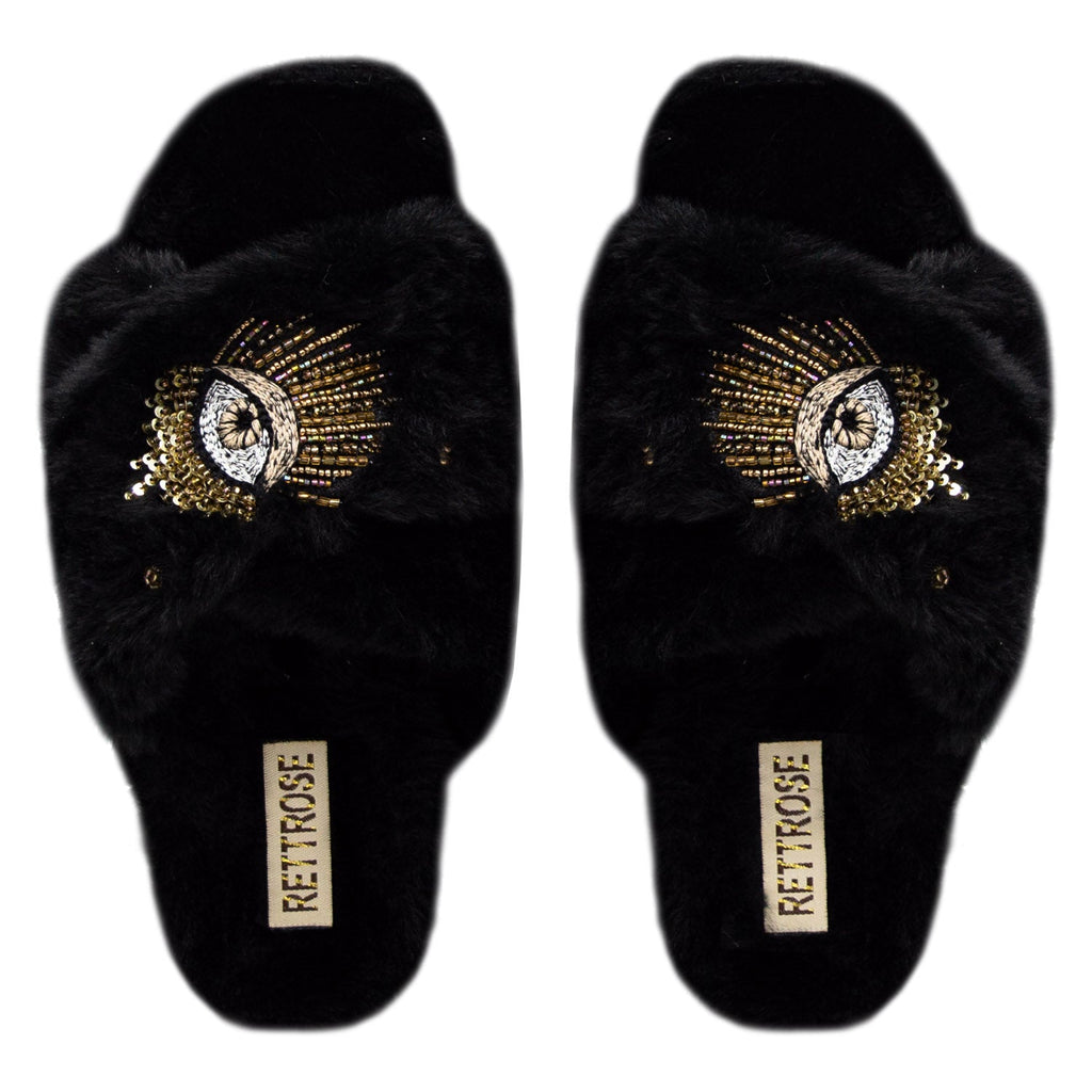 The Blake Black Luxury Plush Diamanté Embellished Handmade Slipper | RETTROSE |