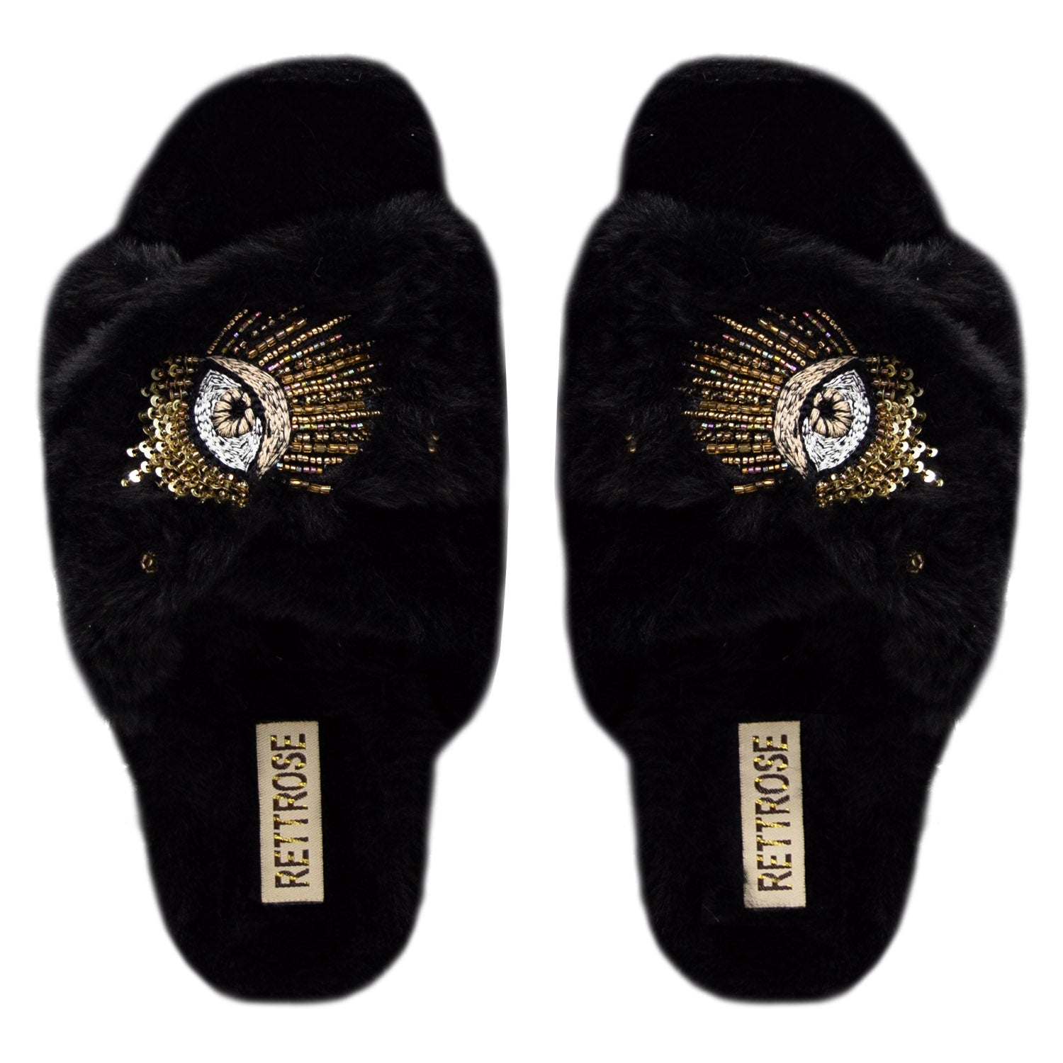 The Blake Black Luxury Plush Diamanté Embellished Handmade Slipper | RETTROSE |