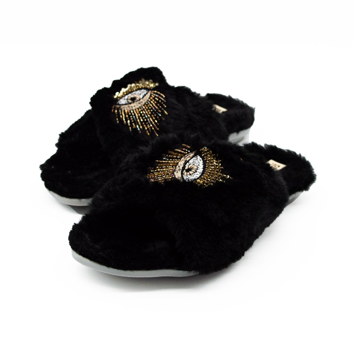 The Blake Black Luxury Plush Diamanté Embellished Handmade Slipper | RETTROSE |