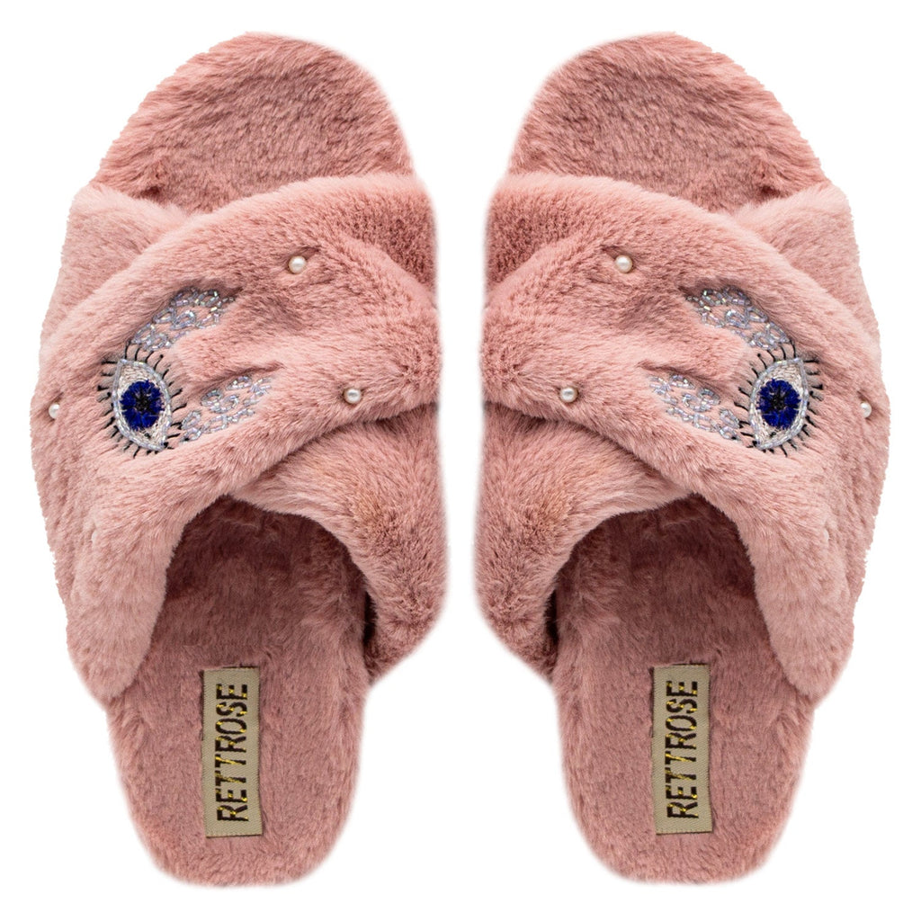 The Amaya Nude Luxury Plush Diamanté Embellished Handmade Slipper | RETTROSE |