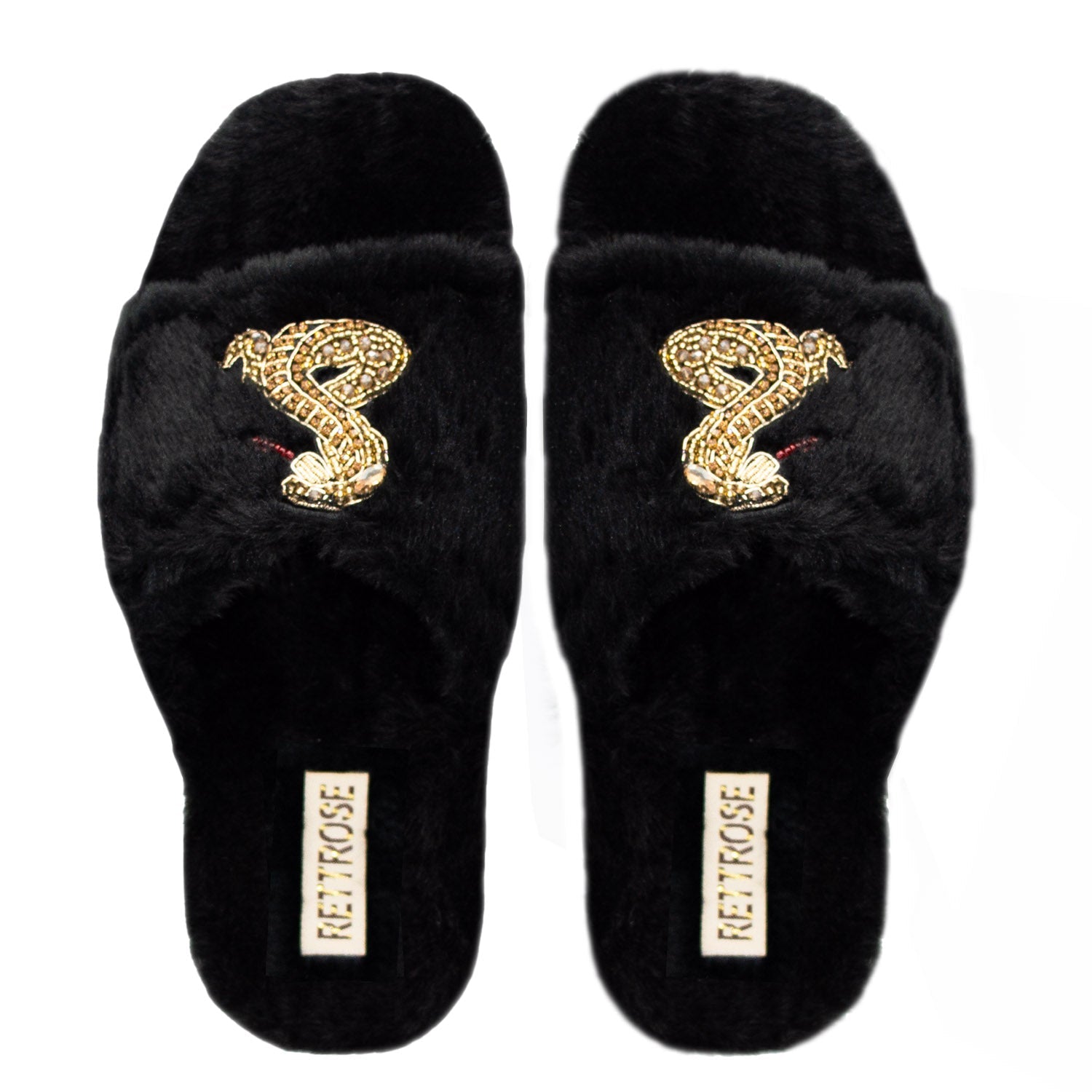 The Lucie Black Luxury Plush Diamanté Embellished Handmade Slipper | RETTROSE |