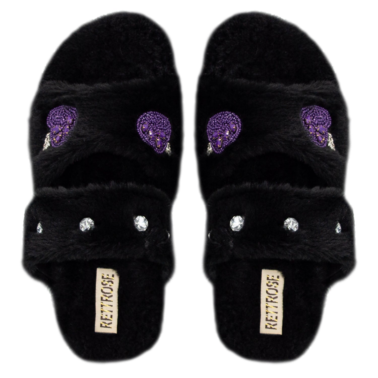 The Ada Black Luxury Plush Diamanté Embellished Handmade Slipper | RETTROSE |