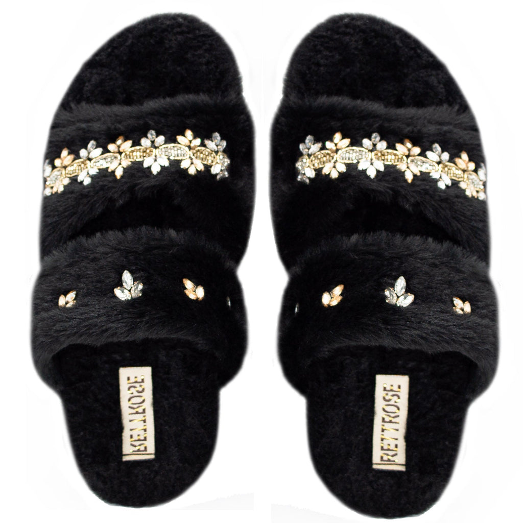 The Faith Black Luxury Plush Diamanté Embellished Handmade Slipper | RETTROSE |