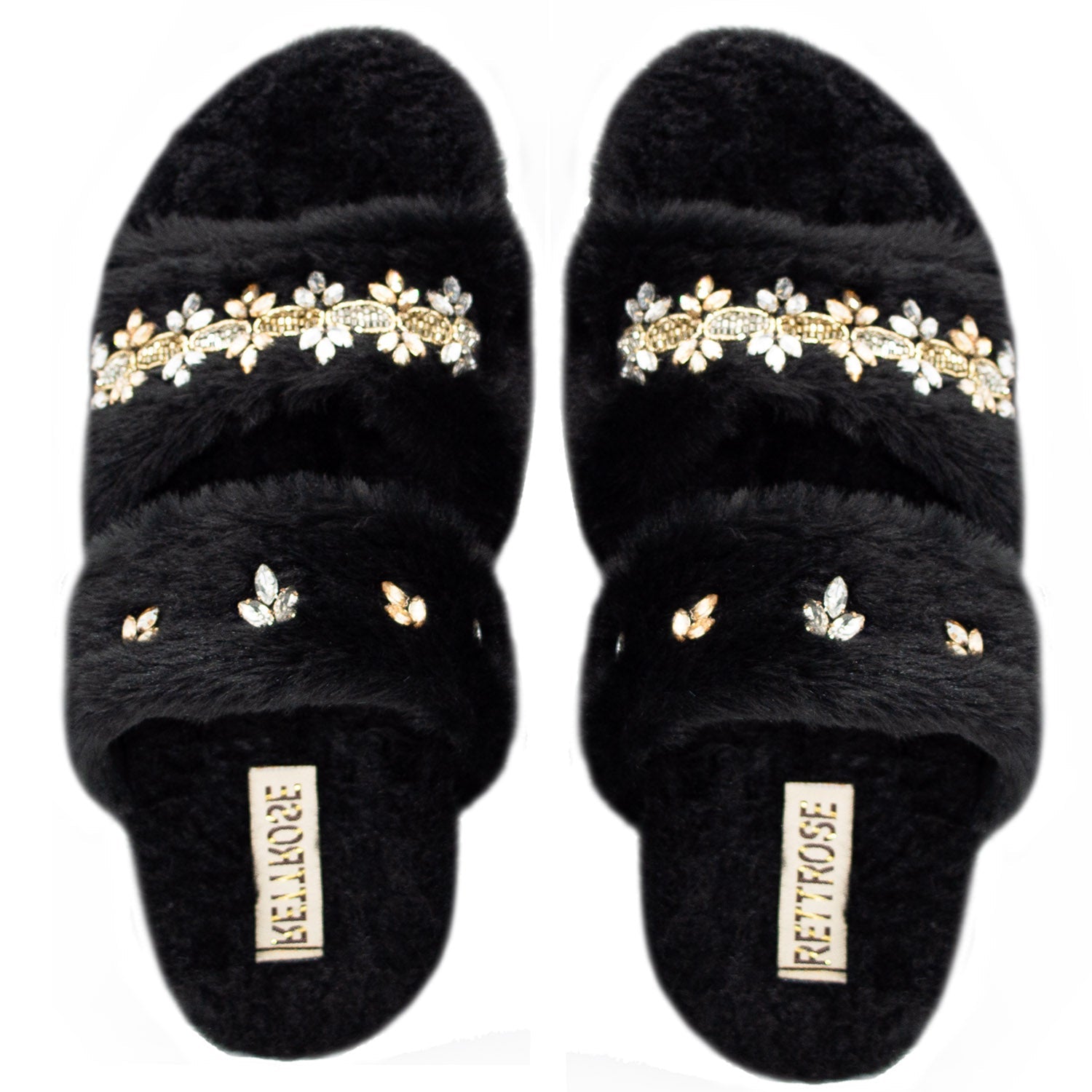 The Faith Black Luxury Plush Diamanté Embellished Handmade Slipper | RETTROSE |