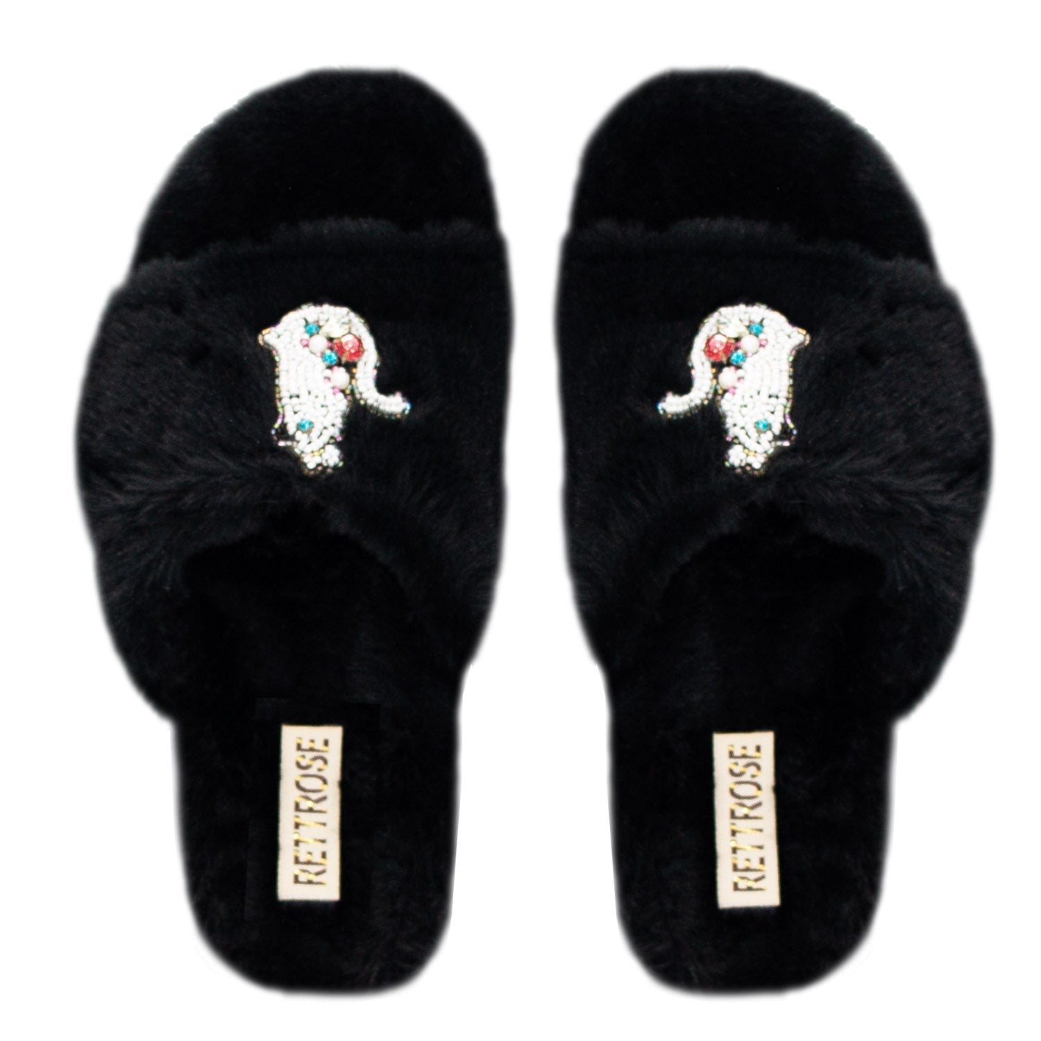 The Alexandra Black Luxury Plush Diamanté Embellished Handmade Slipper | RETTROSE |