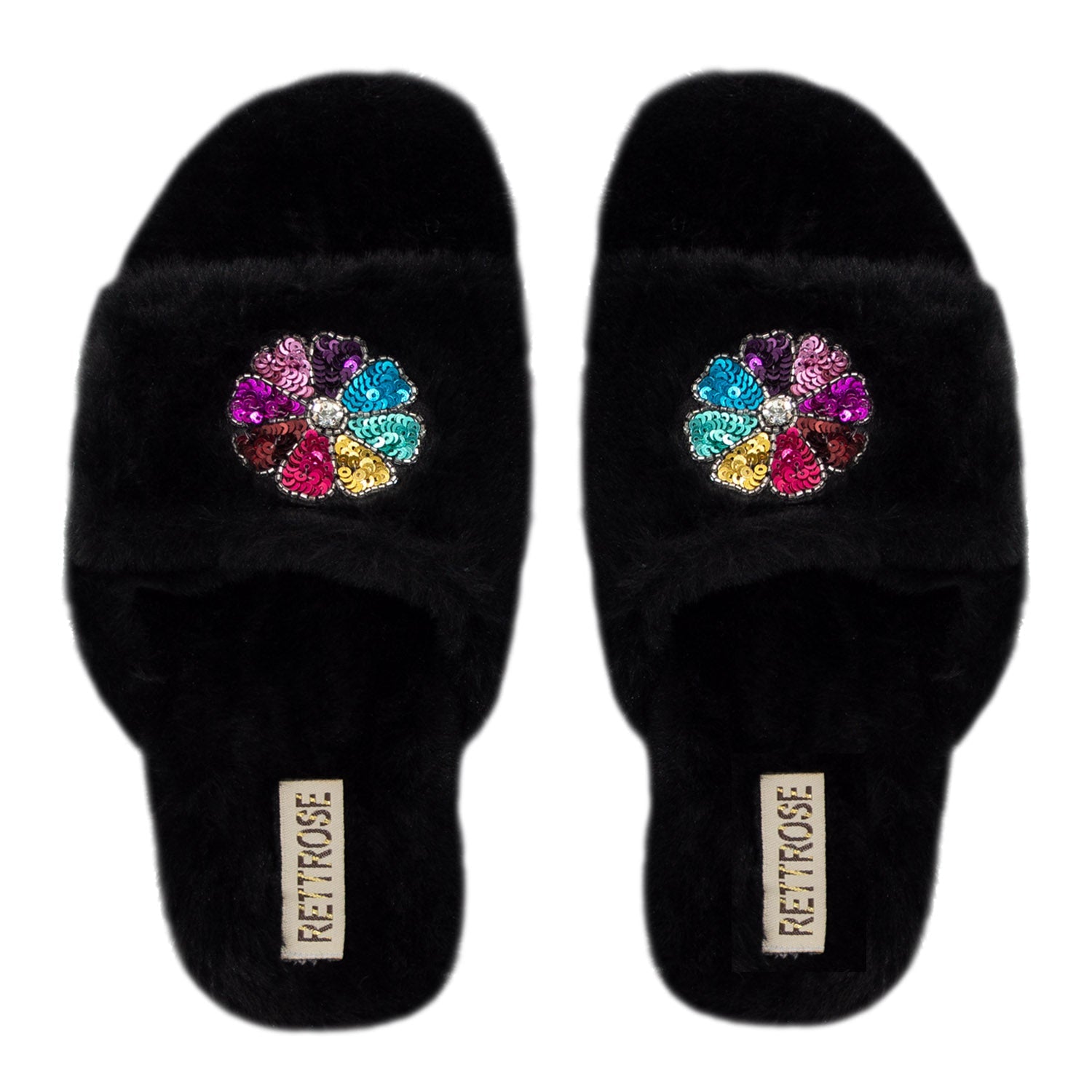The Marnie Black Luxury Plush Diamanté Embellished Handmade Slipper | RETTROSE |